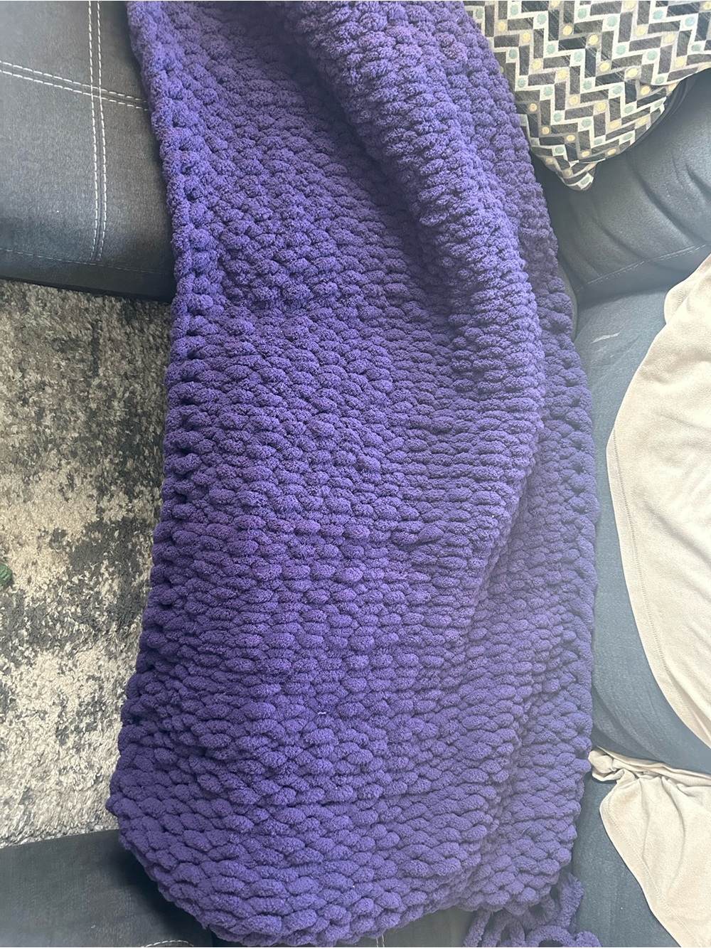 Plush Chunky Knit Throw Blanket in Deep Purple handmade